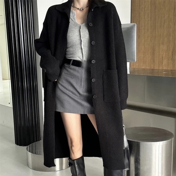 Sweaters - GORGEOUS Chunky Thick Oversized Long Below Knee Button Black Cardigan Sweater